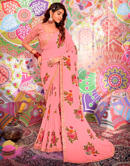 Rose Pink Georgette Printed Saree