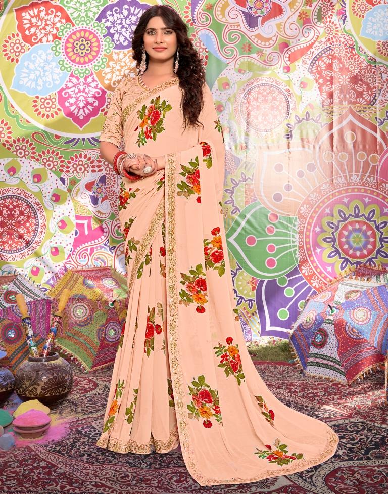Light Orange Georgette Printed Saree