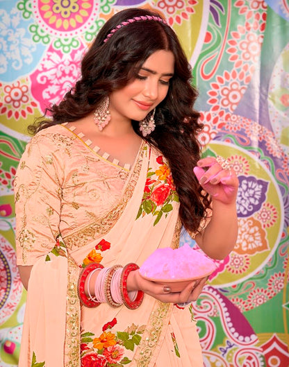 Light Orange Georgette Printed Saree