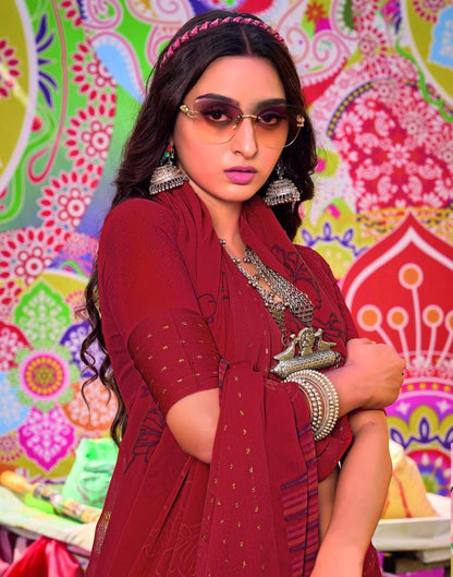 Red Georgette Printed Saree