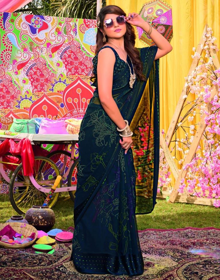 Navy Blue Georgette Printed Saree