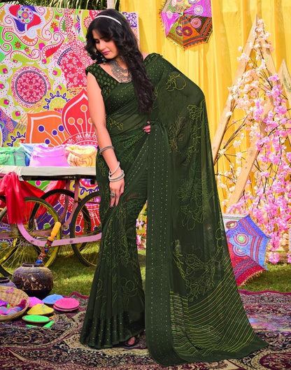Army Green Georgette Printed Saree