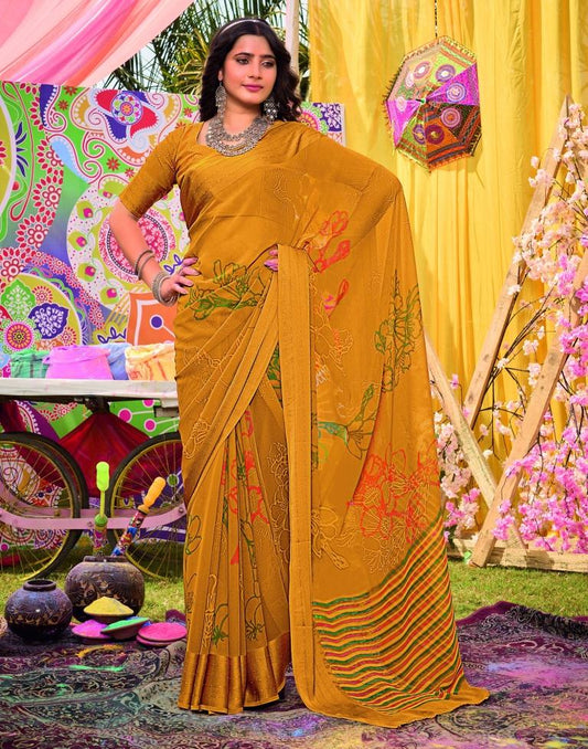 Mustard Yellow Georgette Printed Saree