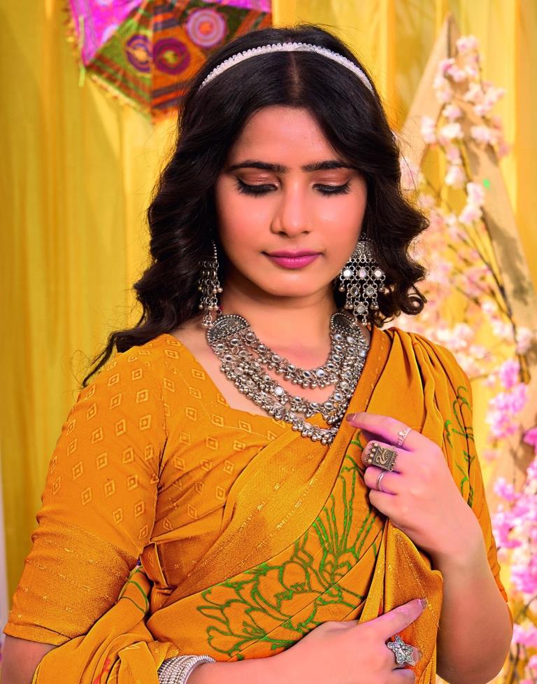 Mustard Yellow Georgette Printed Saree