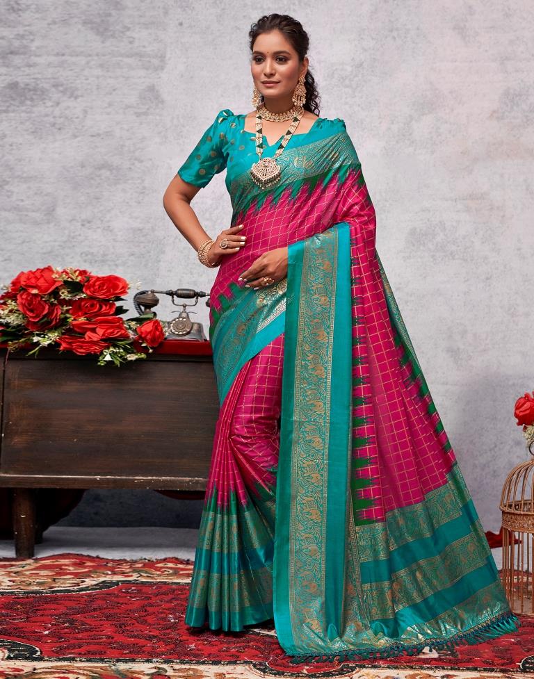 Teal Blue Silk Printed Saree