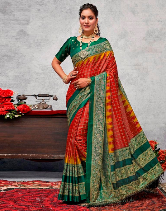Dark Green Silk Printed Saree