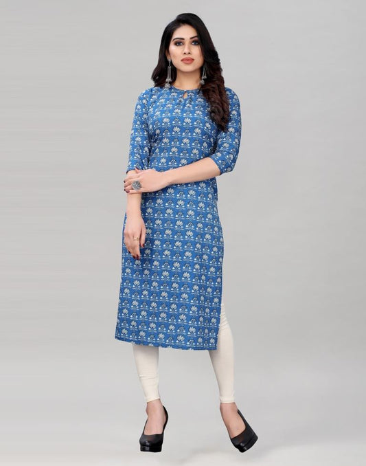 Cerulean Blue Digital Printed Crepe Kurti | Sudathi