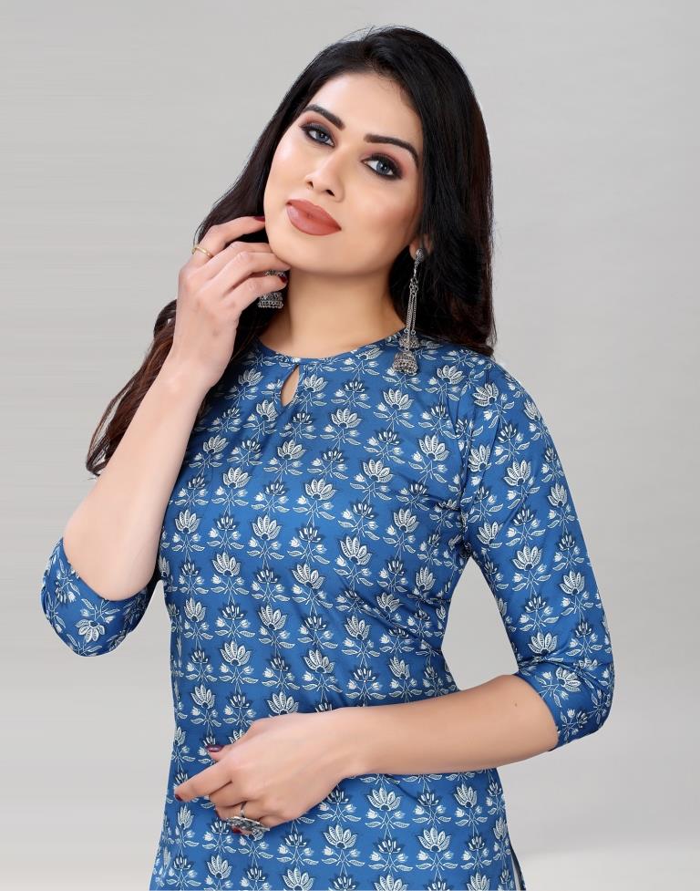 Cerulean Blue Digital Printed Crepe Kurti | Sudathi