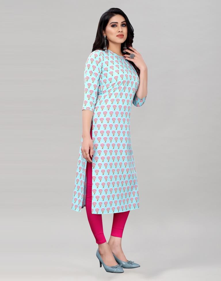 Sky Blue Digital Printed Crepe Kurti | Leemboodi