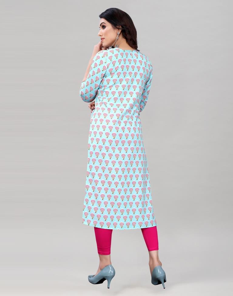 Sky Blue Digital Printed Crepe Kurti | Leemboodi