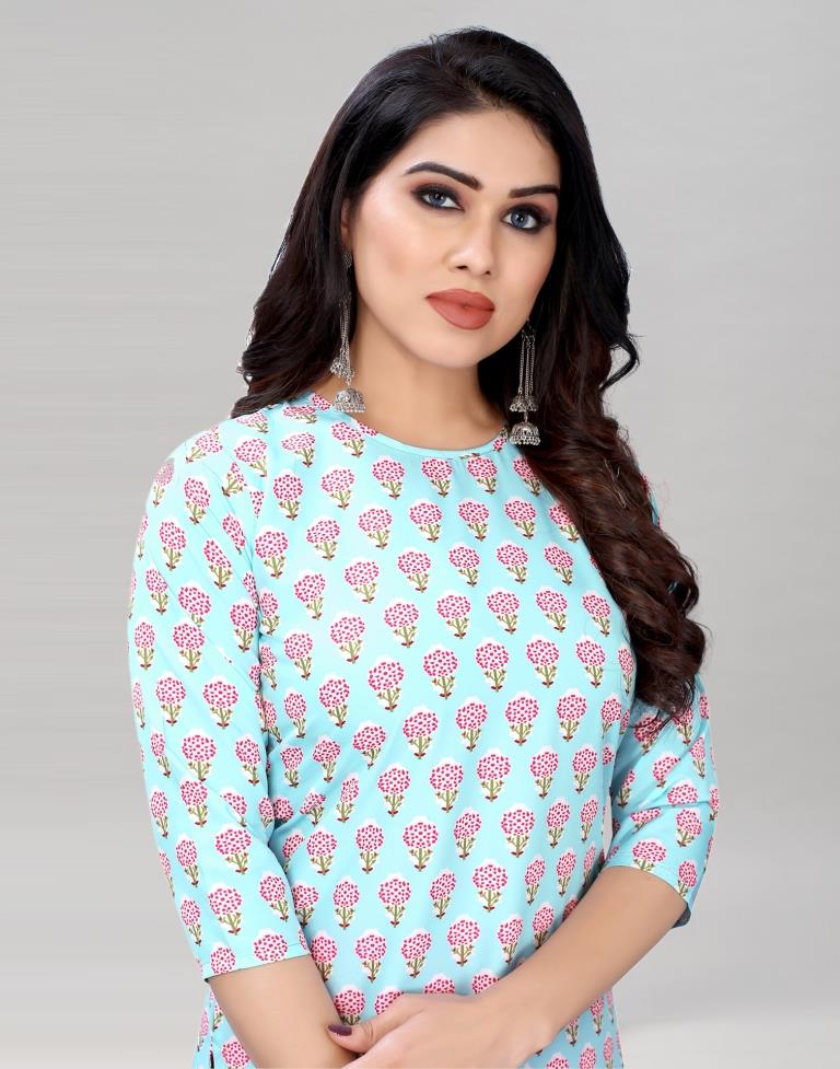 Sky Blue Digital Printed Crepe Kurti | Leemboodi