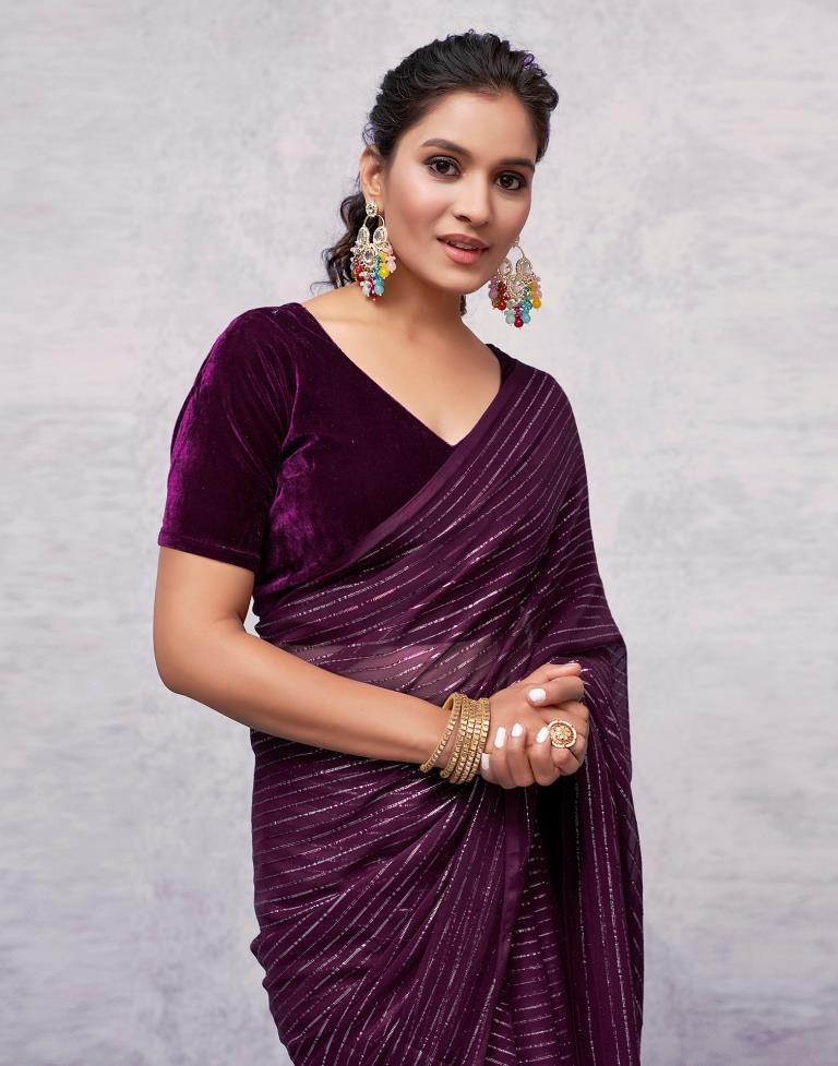 Wine Georgette Plain Saree