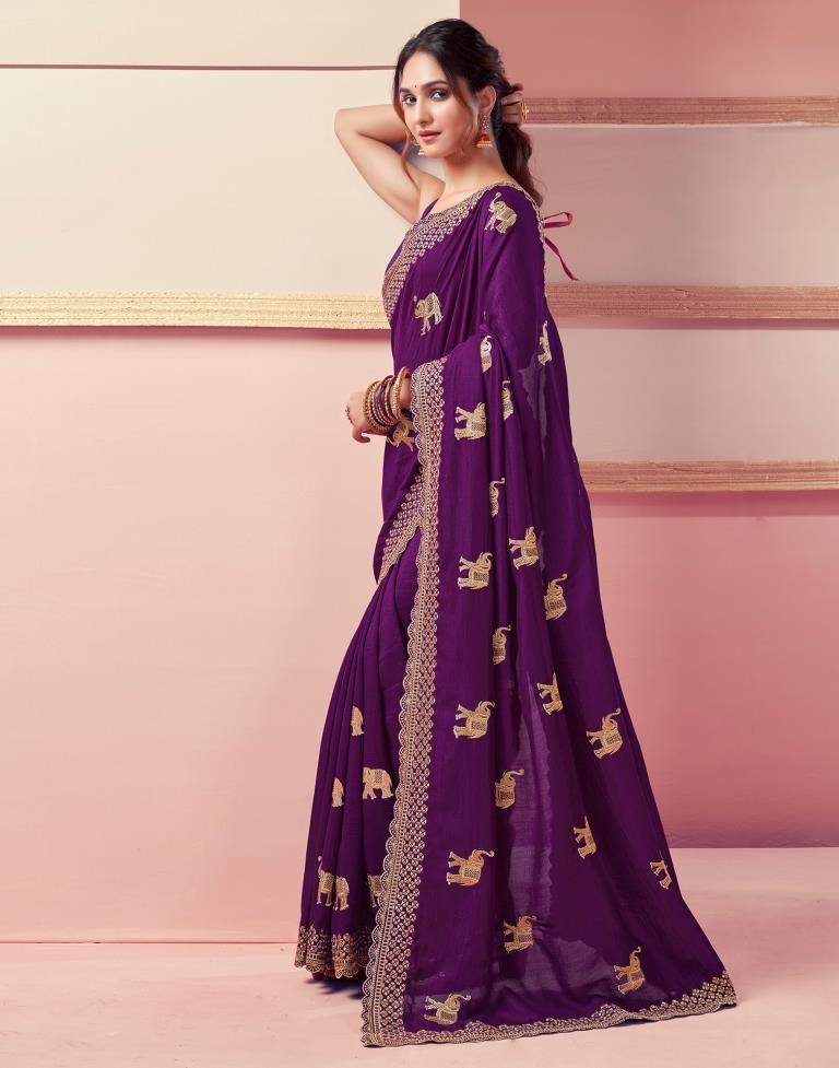 Dark Magenta Silk Embroidery Saree