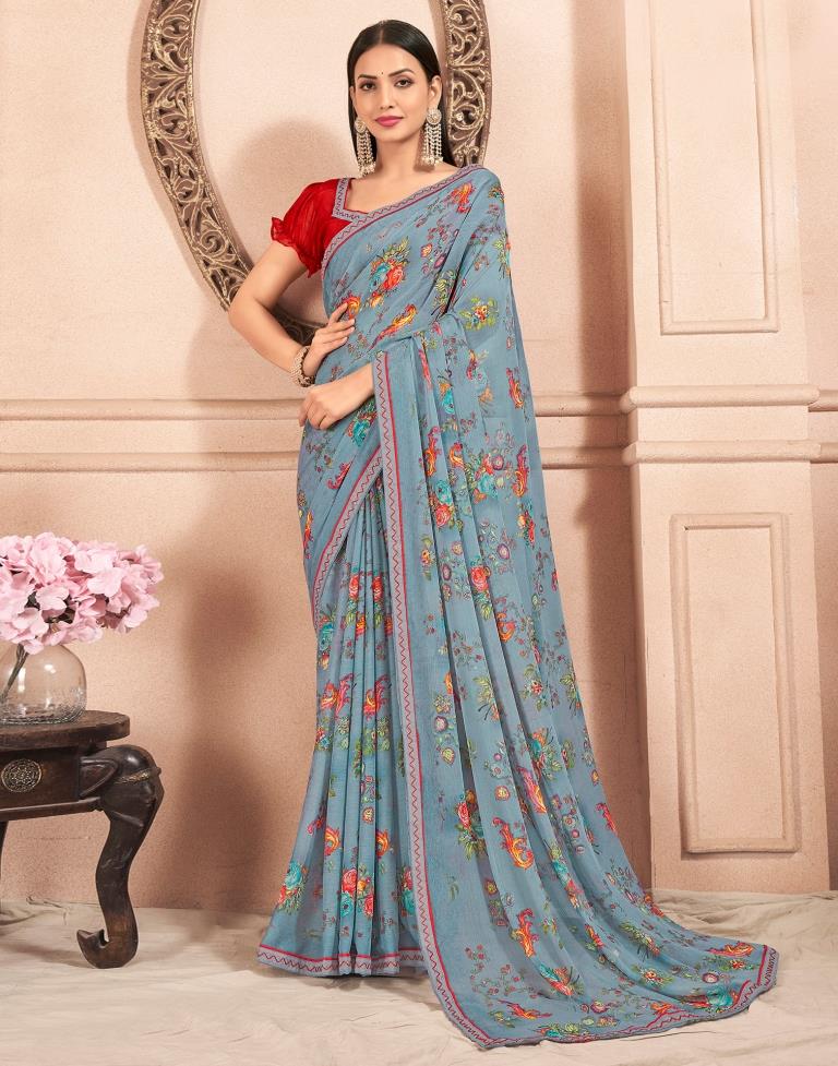Grey Chiffon Printed Saree