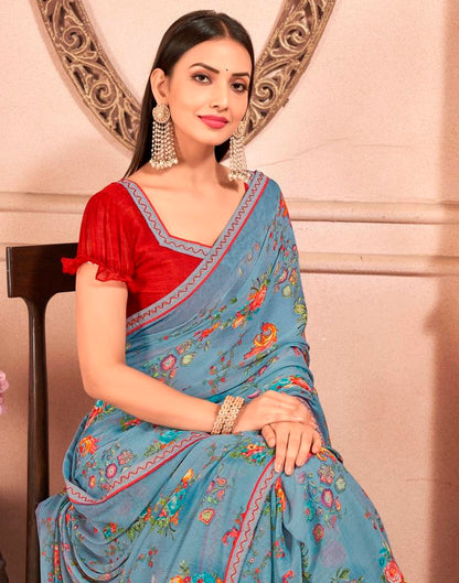 Grey Chiffon Printed Saree