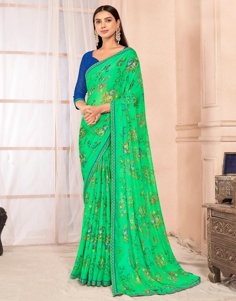 Green Chiffon Printed Saree