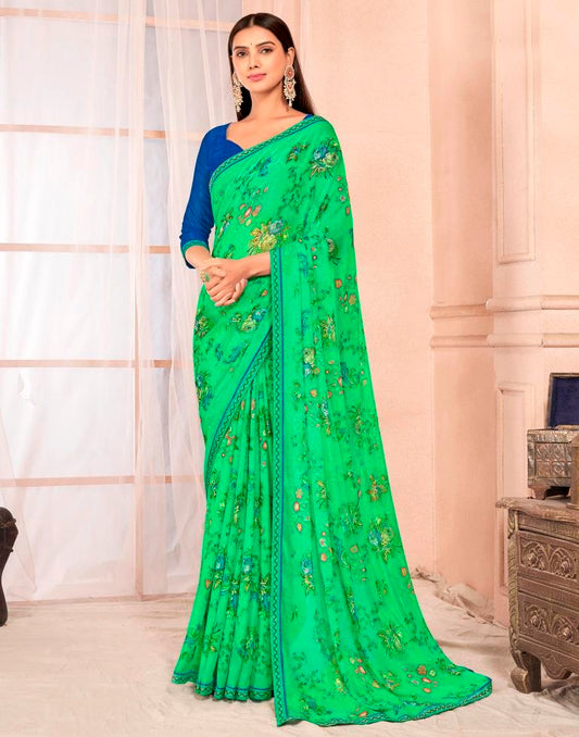 Green Chiffon Printed Saree
