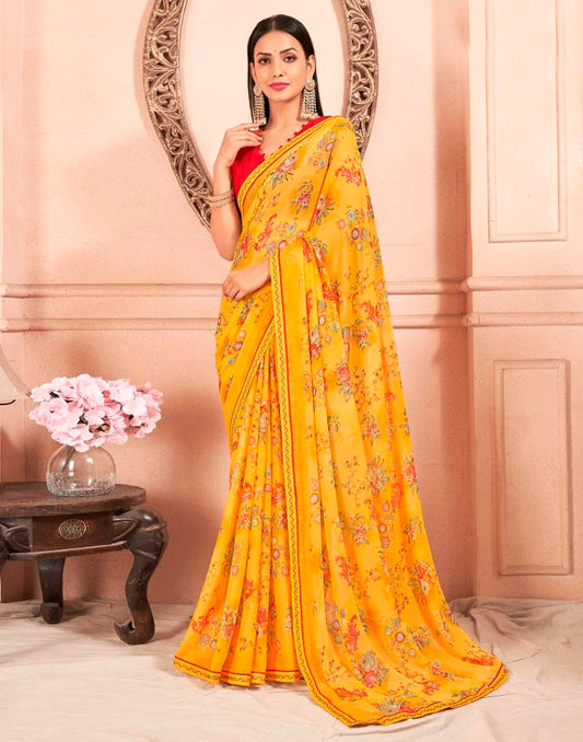 Yellow Chiffon Printed Saree