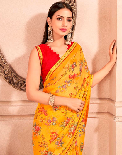 Yellow Chiffon Printed Saree