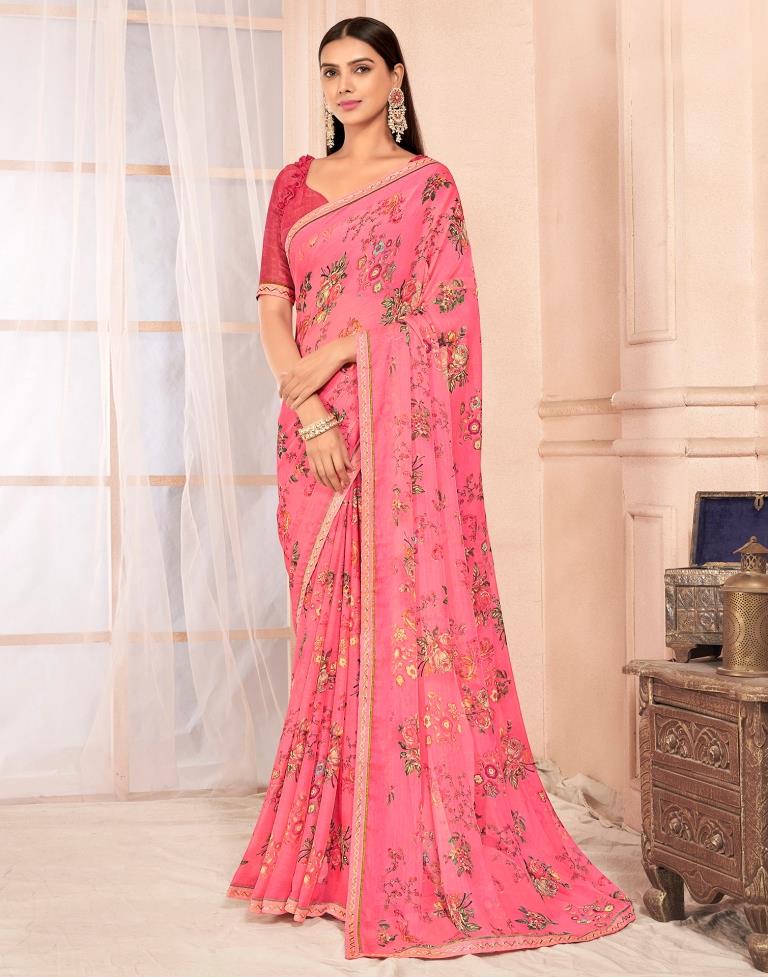 Rose Pink Chiffon Printed Saree