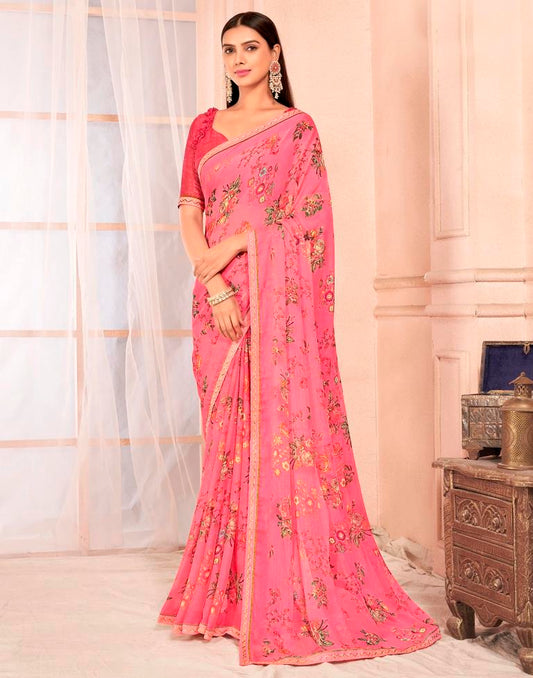 Rose Pink Chiffon Printed Saree