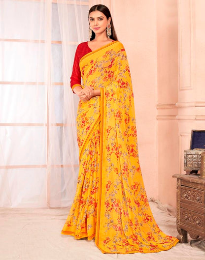 Yellow Chiffon Printed Saree