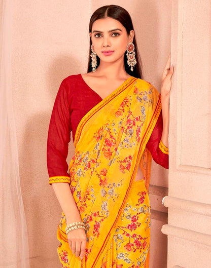 Yellow Chiffon Printed Saree