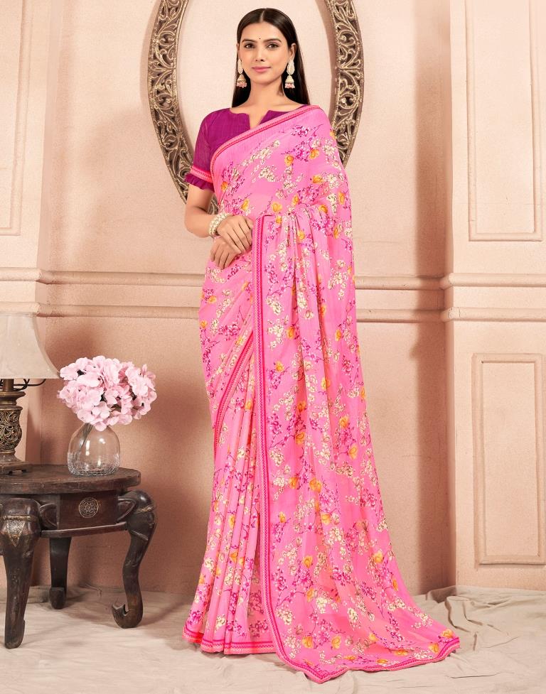 Pink Chiffon Printed Saree