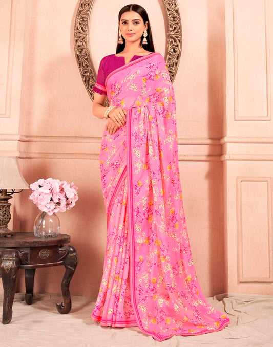 Pink Chiffon Printed Saree