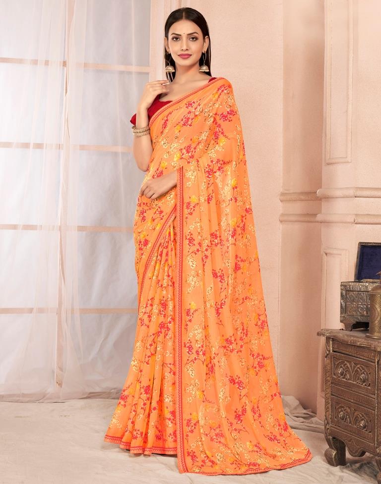 Light Orange Chiffon Printed Saree