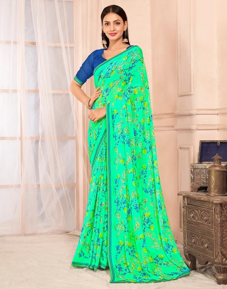 Seafoam Green Chiffon Printed Saree