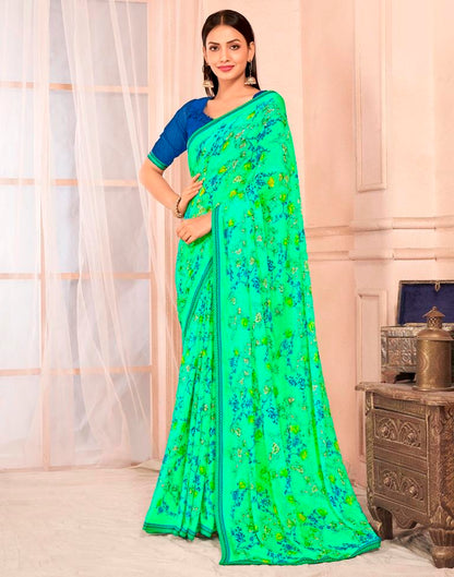 Seafoam Green Chiffon Printed Saree
