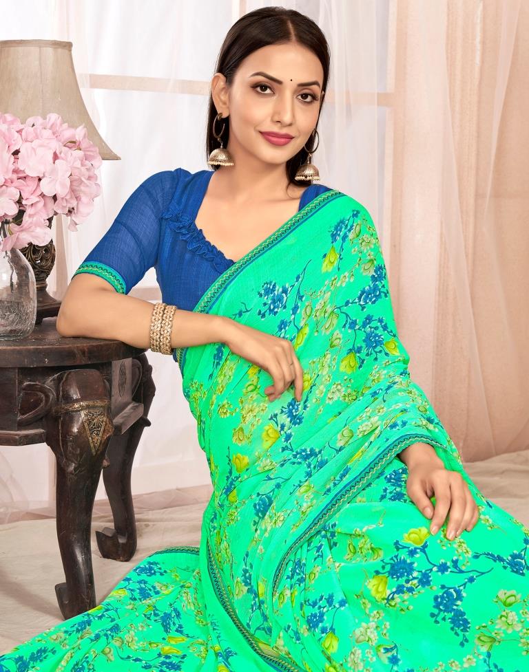 Seafoam Green Chiffon Printed Saree