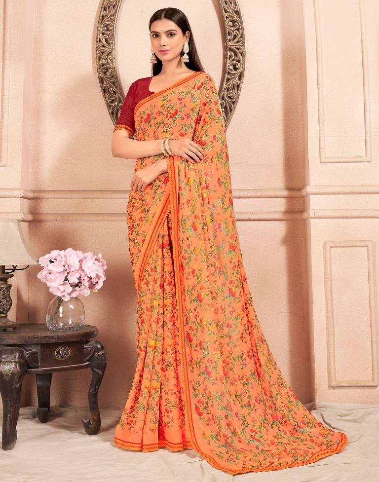 Orange Chiffon Printed Saree