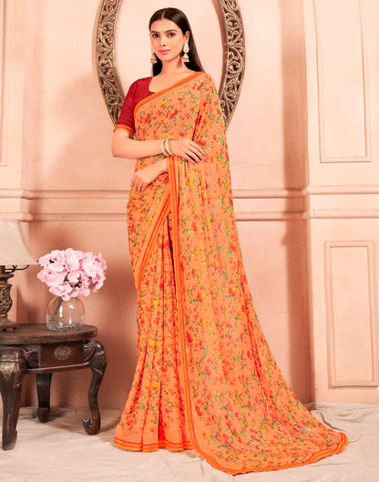 Orange Chiffon Printed Saree