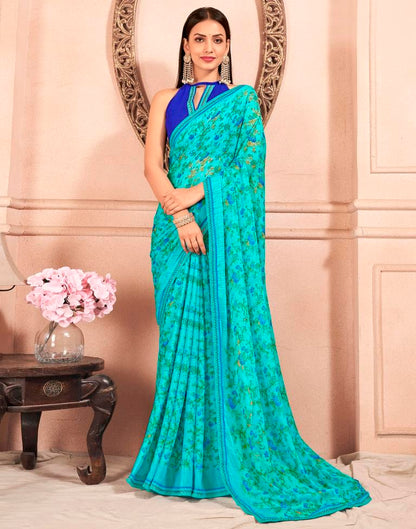 Blue Chiffon Printed Saree