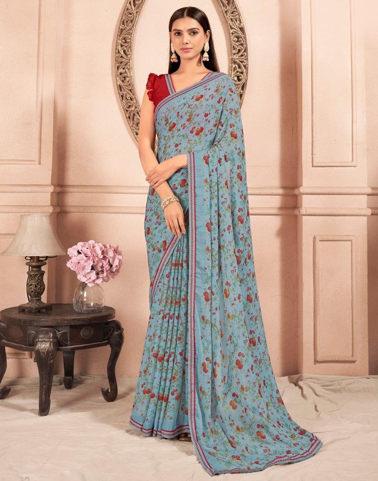 Grey Chiffon Printed Saree