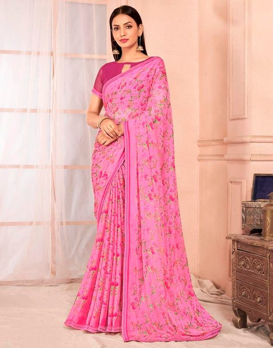Pink Chiffon Printed Saree