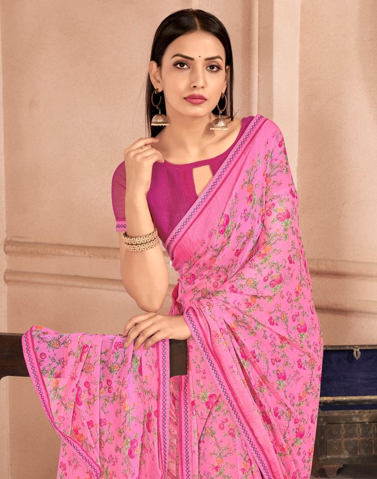 Pink Chiffon Printed Saree