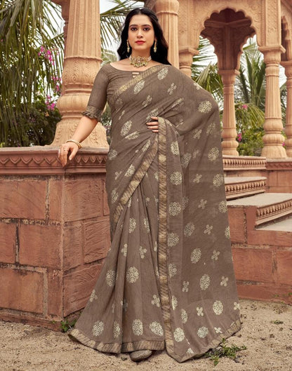 Brown Chiffon Printed Saree