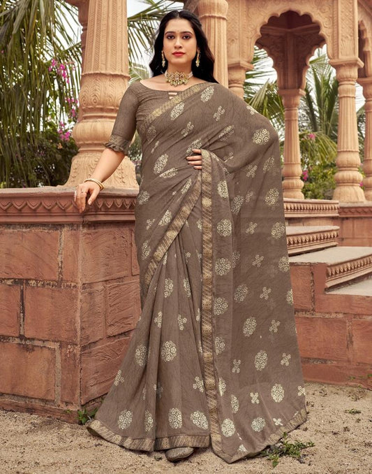 Brown Chiffon Printed Saree