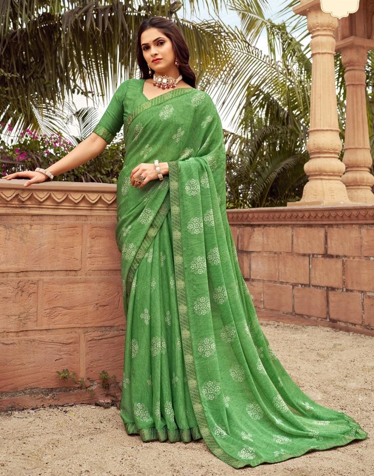 Green Chiffon Printed Saree