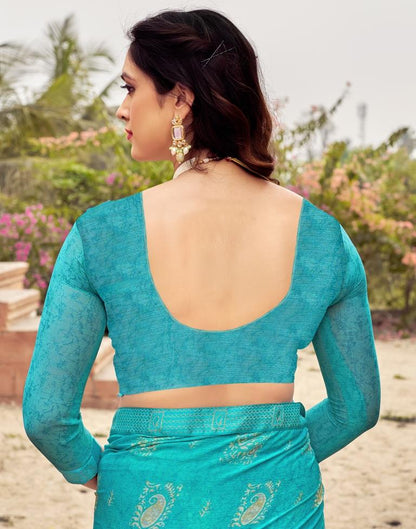 Blue Chiffon Printed Saree