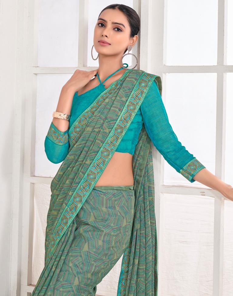 Dusty Green Chiffon Printed Saree