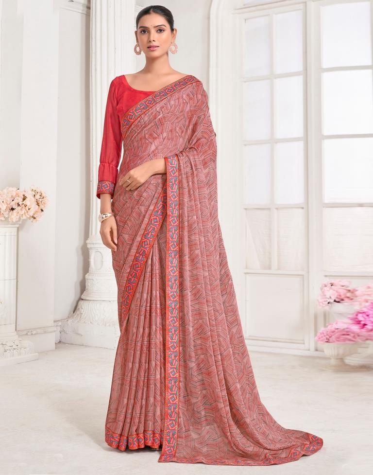 Dusty Peach Chiffon Printed Saree