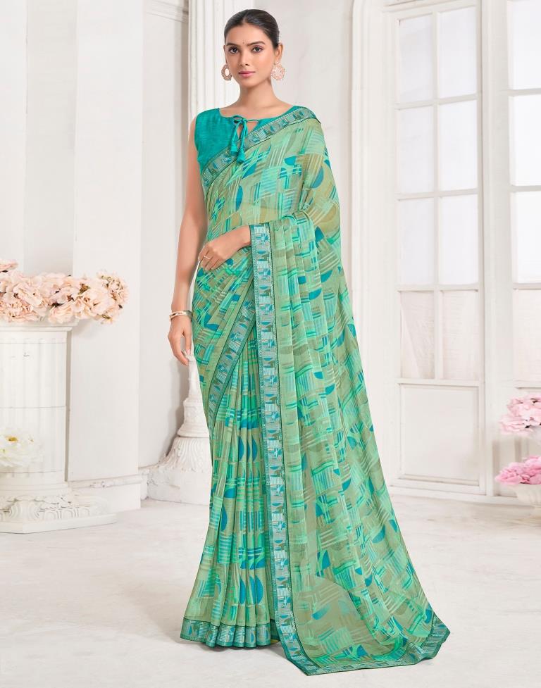 Mint Green Chiffon Printed Saree