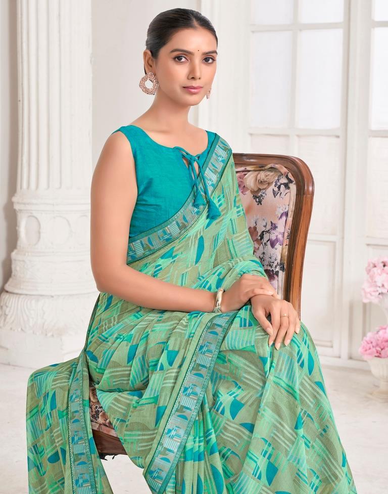 Mint Green Chiffon Printed Saree