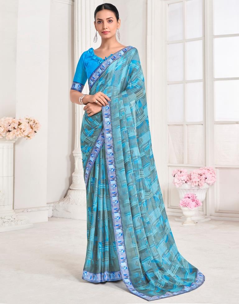 Blue Chiffon Printed Saree