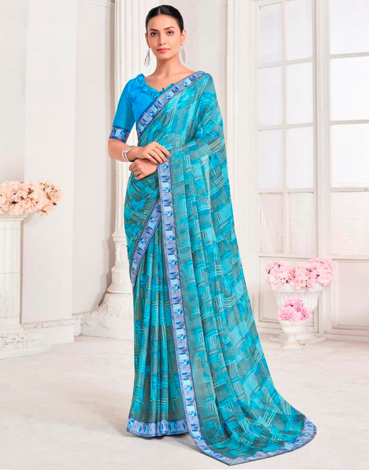 Blue Chiffon Printed Saree