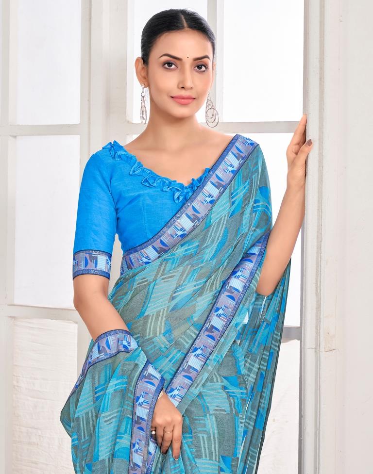 Blue Chiffon Printed Saree